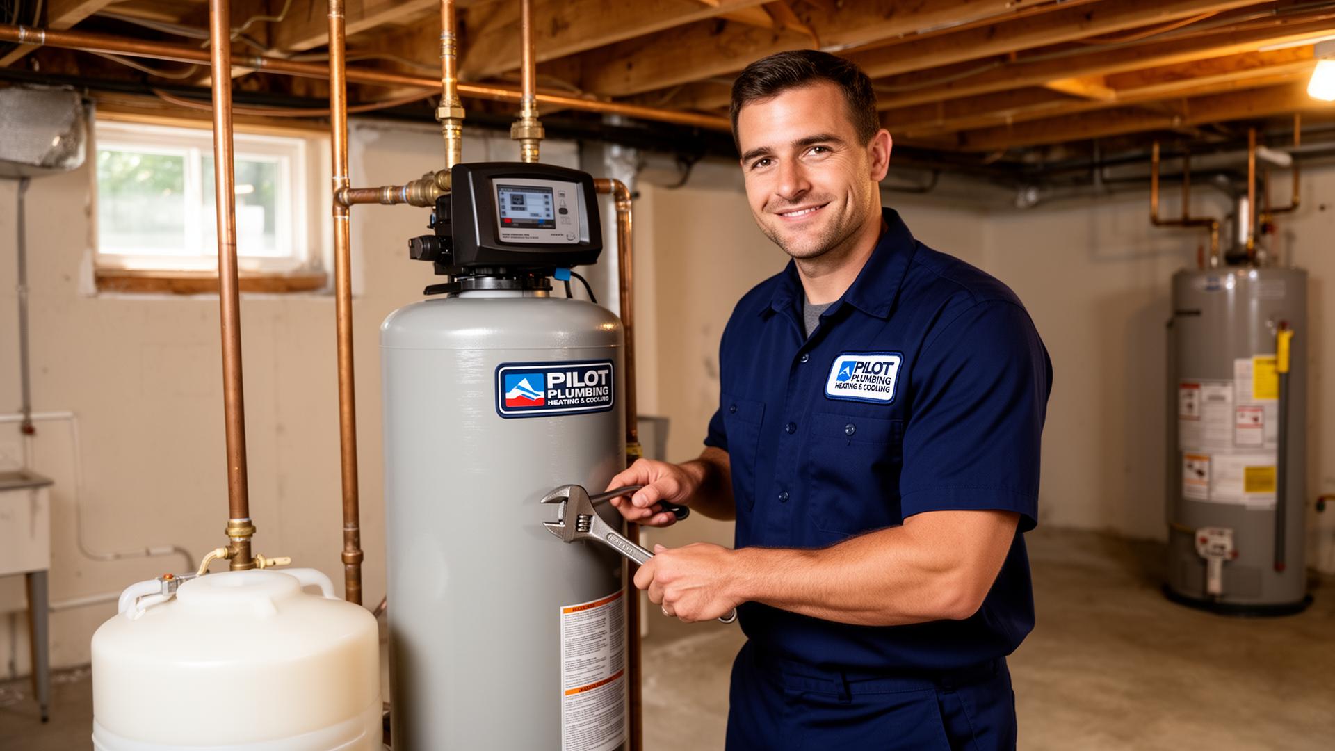Pilot Plumbing Heating & Cooling technician installing a whole-home water softener in a New Hampshire basement