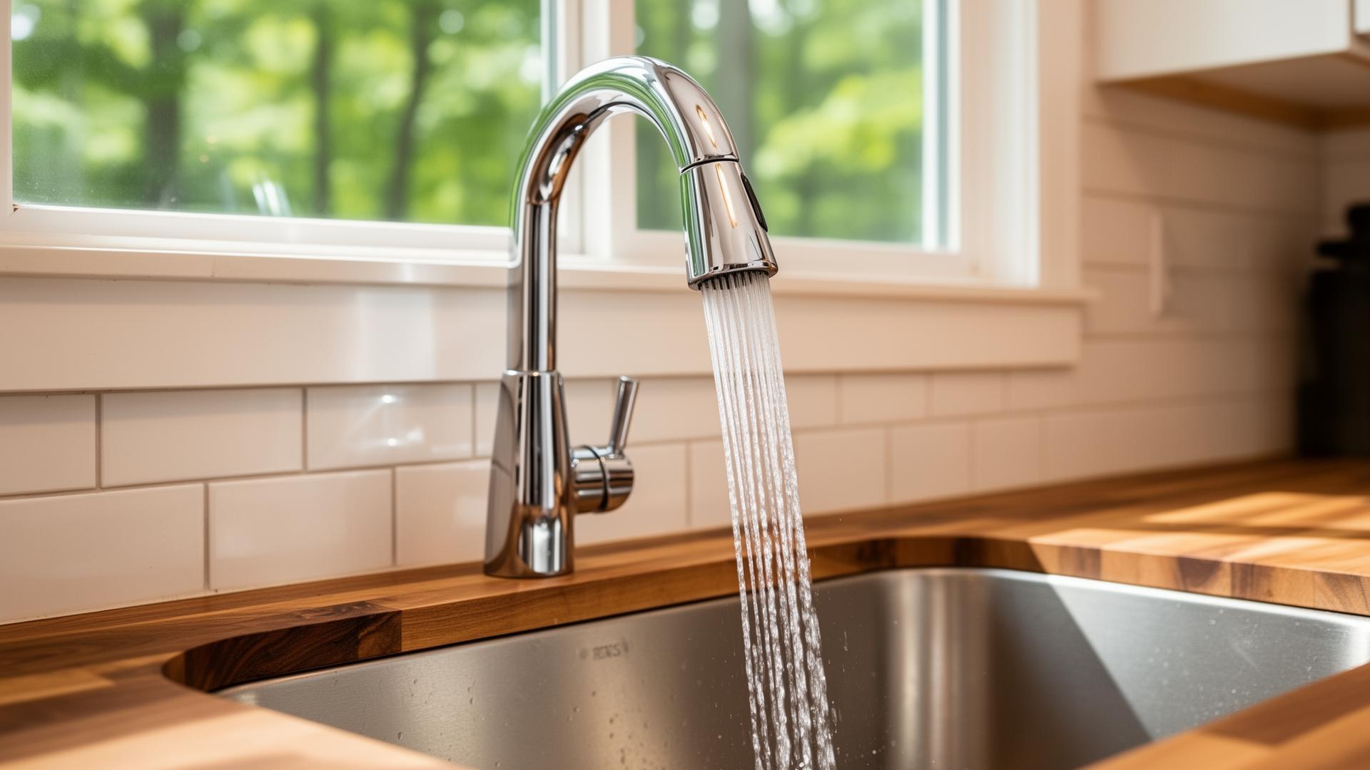 Polished chrome kitchen faucet running clear soft water in a New Hampshire farmhouse kitchen
