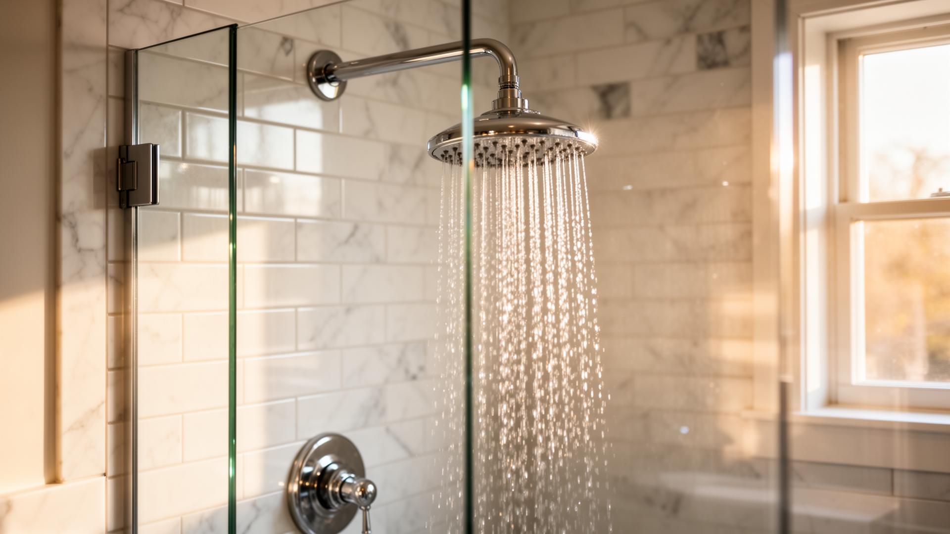 Sparkling clean glass shower with no hard water spots after a whole-home water softener install